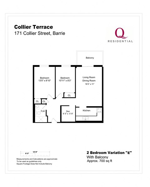 Floor plan for 2 beds, 1 bath, 700 sqft